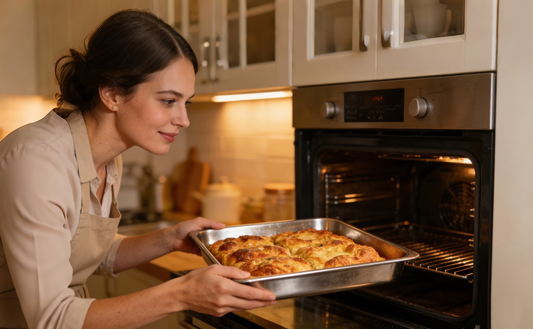 Stainless steel baking pan during baking, showing even heat distribution and proper preparation techniques.