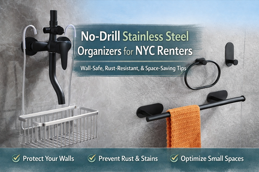 No-drill stainless steel organizers for NYC renters, featuring wall-mounted bathroom storage that is wall-safe, rust-resistant, and space-saving