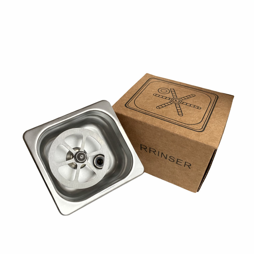 Built-in Lotus cup rinser sink packaged in box, featuring a 155×145mm cut-out and perfect for small coffee bars and beverage stations.