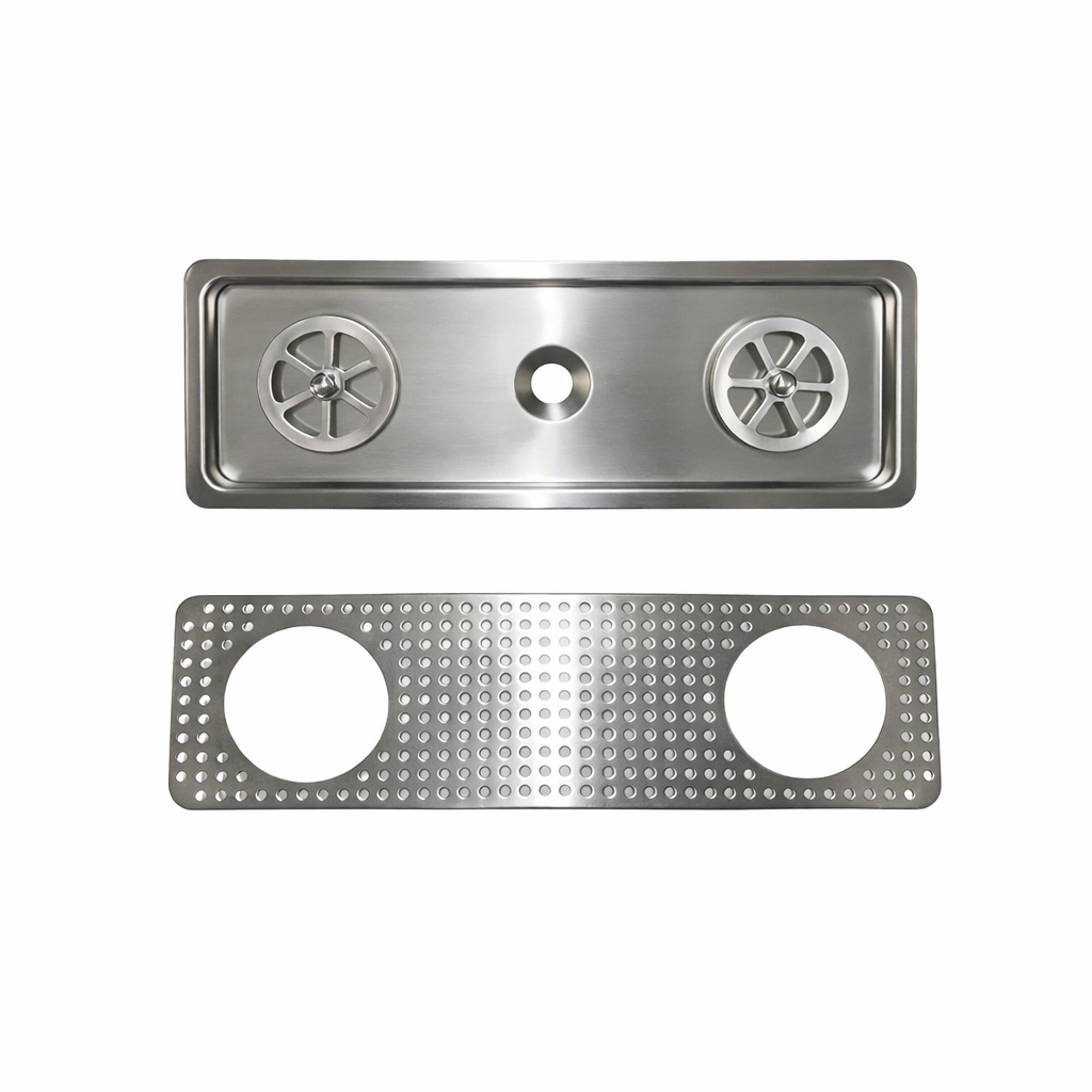 Lotus glass rinser tray with two heads, 645×217mm, designed for 615×185mm cut-out, perfect for commercial bar sinks and drink stations.