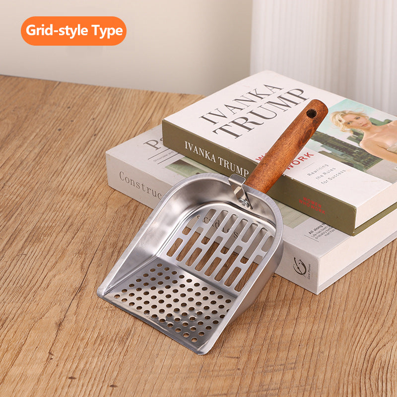 Stainless steel litter sifter scoop with wooden handle for clumping litter