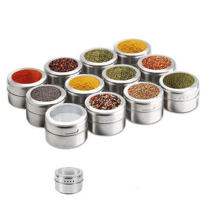 12pcs stainless steel magnetic spice jars with clear lids and sift/pour holes