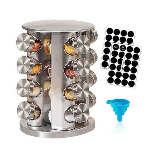 20 Jars Rotating Spice Rack – Space-Saving Spice Organizer with Labels