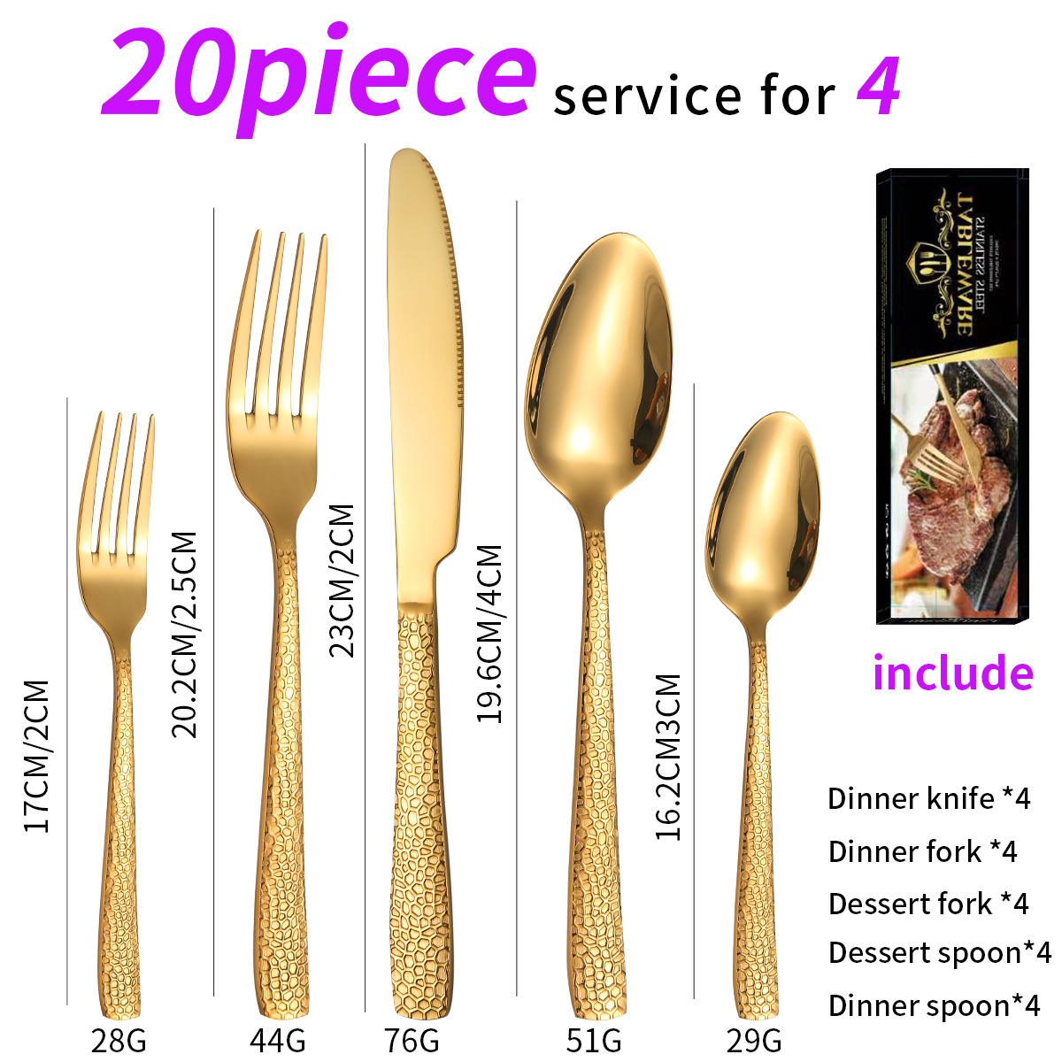 20 piece hammered stainless steel cutlery set gold finish
