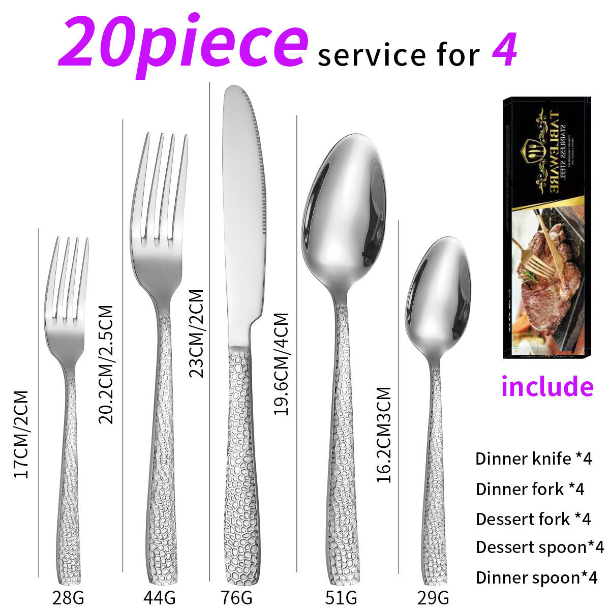 20 piece hammered stainless steel cutlery set silver
