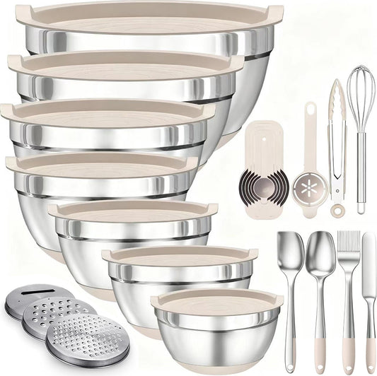 23-Piece Stainless Steel Mixing Bowl Set with Lids & Silicone Base – Ideal for Baking & Meal Prep