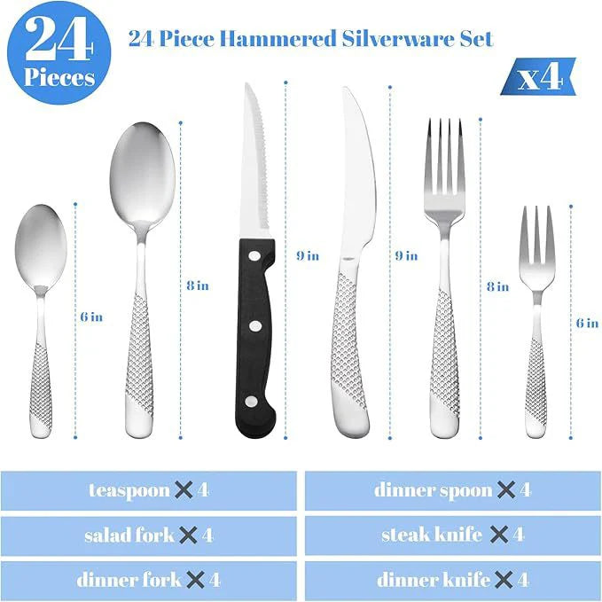 24-Piece 4-Service Stainless Steel Flatware Set: Utensils & Steak Knives (Size Chart)