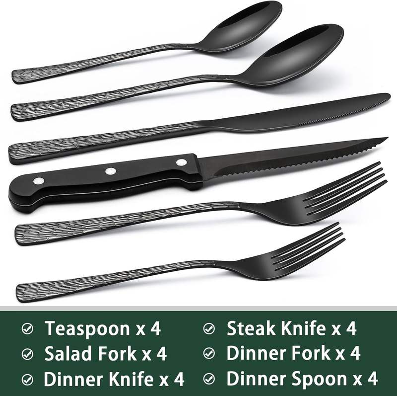 24 piece black stainless steel flatware set with steak knives included

