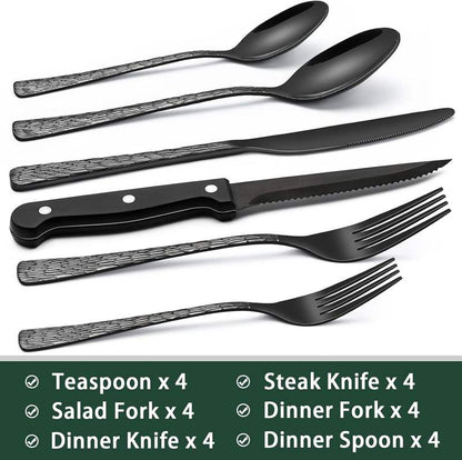 24 piece black stainless steel flatware set with steak knives included
