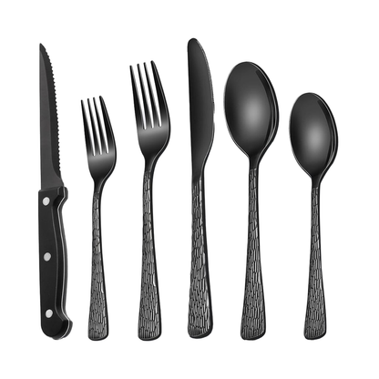 24 piece black hammered stainless steel flatware set overview
