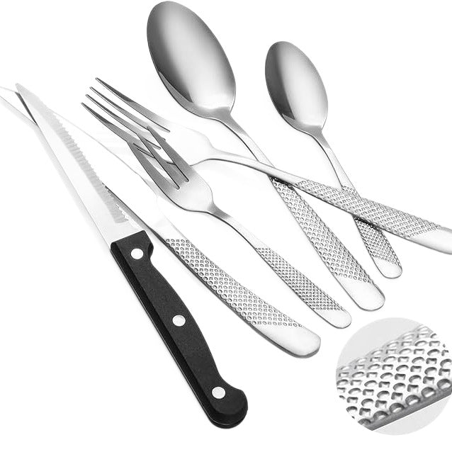 24 piece stainless steel flatware set with steak knives layout