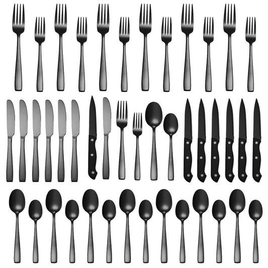 36 piece stainless steel silverware set knives forks spoons layout