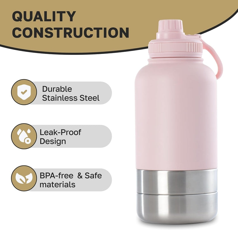 32 Oz 304 Stainless Steel 3-in-1 Portable Travel Bottle, Dual-Use Food & Hydration Container with Detachable Bowls for Humans & Pets