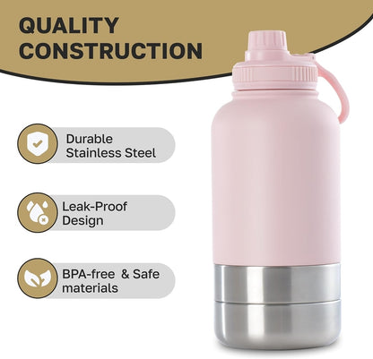32 Oz 304 Stainless Steel 3-in-1 Portable Travel Bottle, Dual-Use Food & Hydration Container with Detachable Bowls for Humans & Pets