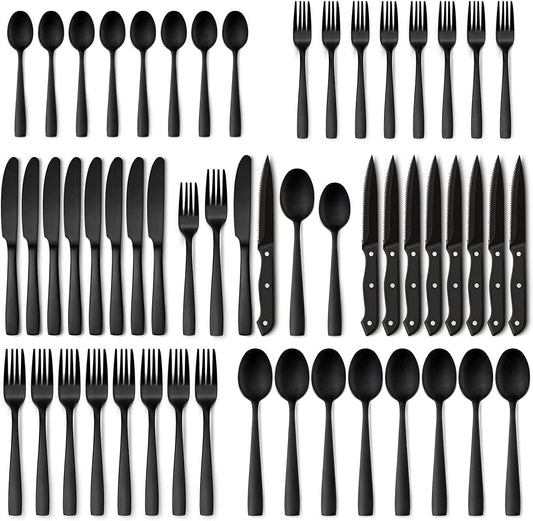 48 piece black stainless steel flatware set knives forks spoons layout
