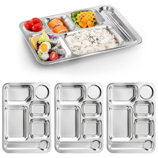 6-compartment stainless steel divided plate with separate sections for rice, fruit and snacks