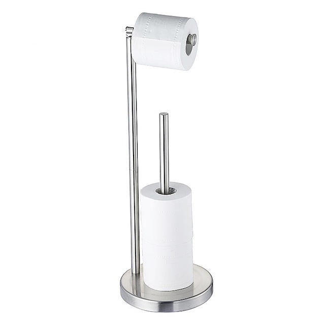304 Stainless Steel Free Standing Toilet Paper Holder with Storage, Modern Double Rod Bathroom Tissue Rack - Super Stable Base
