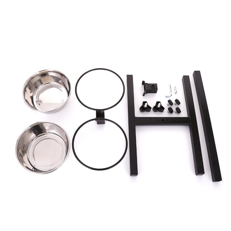 Adjustable dog food and water bowl stand with stainless steel bowls, unassembled