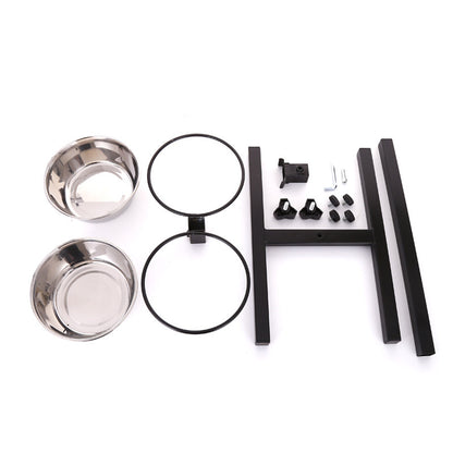 Adjustable dog food and water bowl stand with stainless steel bowls, unassembled