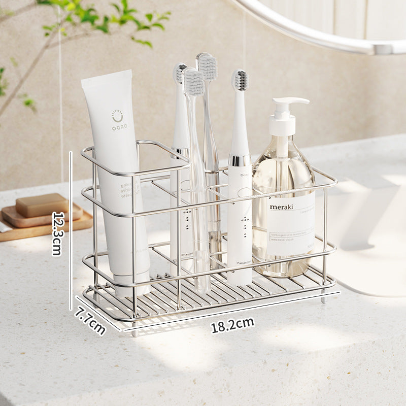 Stainless steel toothbrush storage rack on bathroom countertop