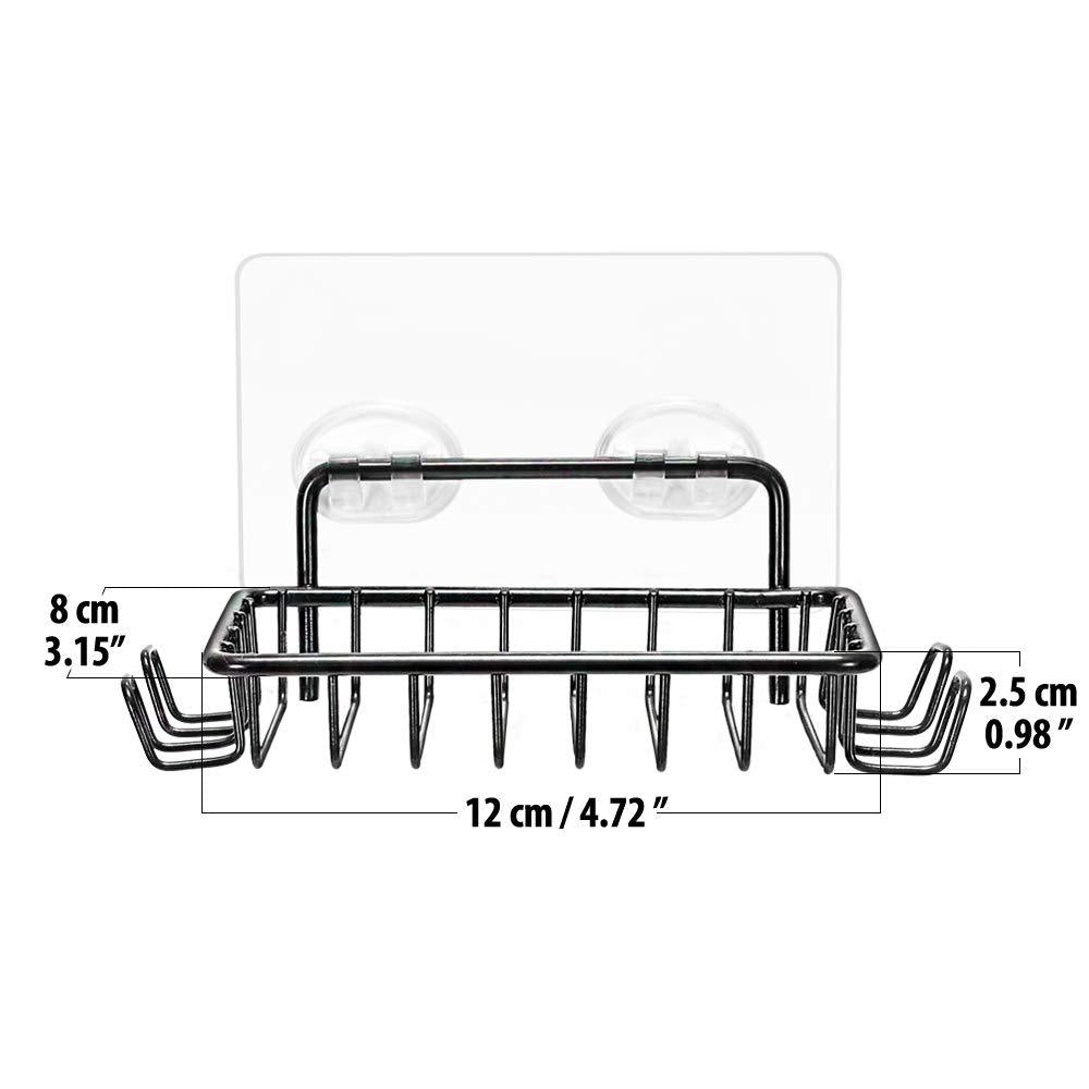 Black stainless steel soap holder mounted on bathroom wall with soap and accessories