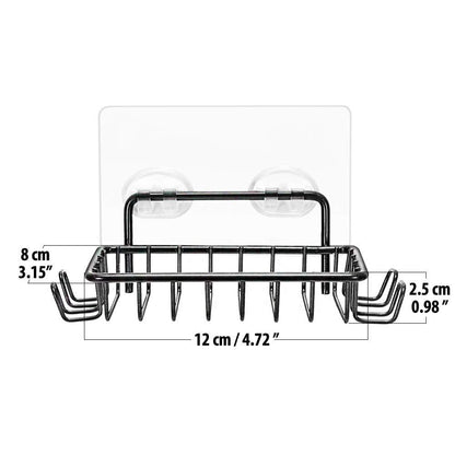 Black stainless steel soap holder mounted on bathroom wall with soap and accessories