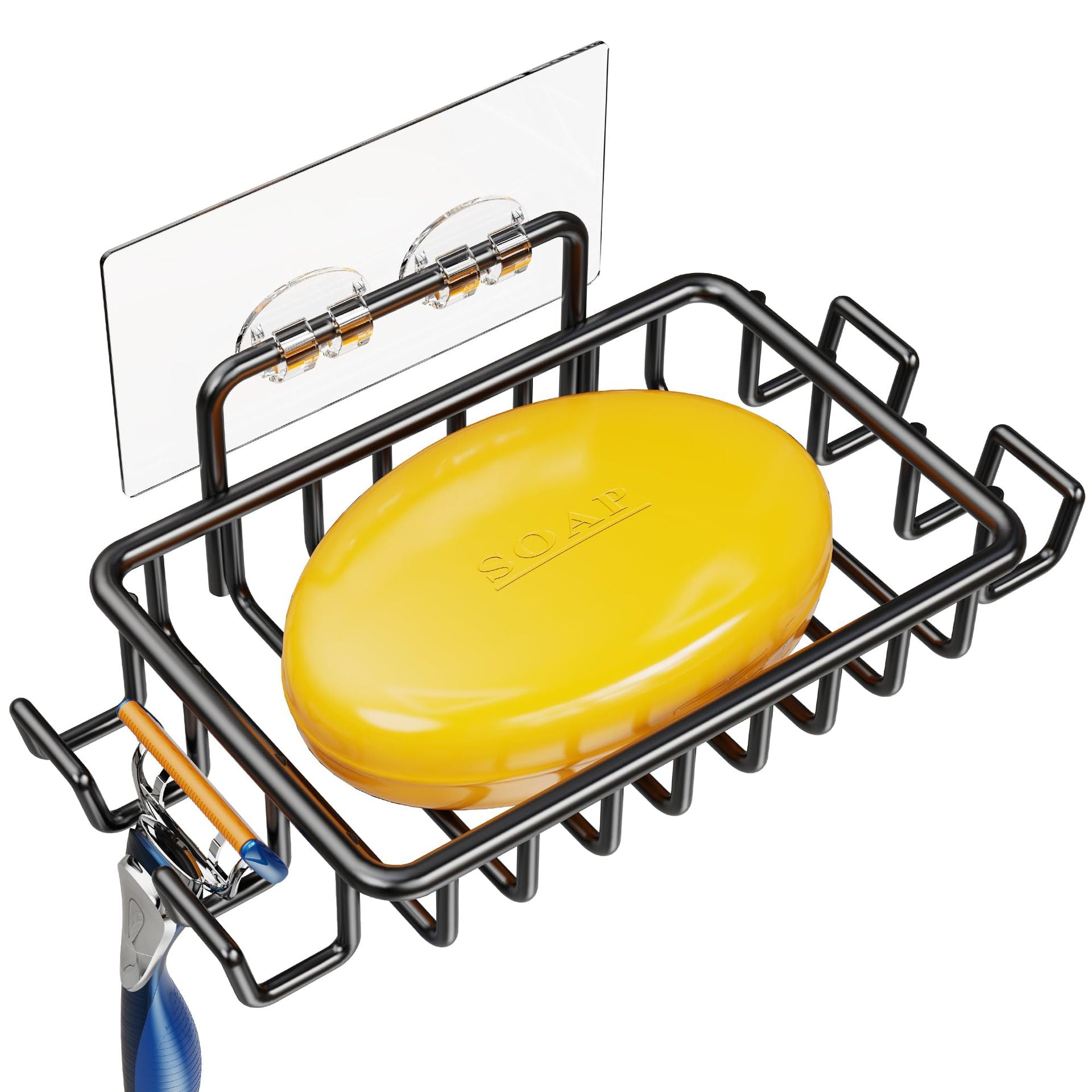 Black 304 stainless steel adhesive soap holder with 4 hooks, wall-mounted design