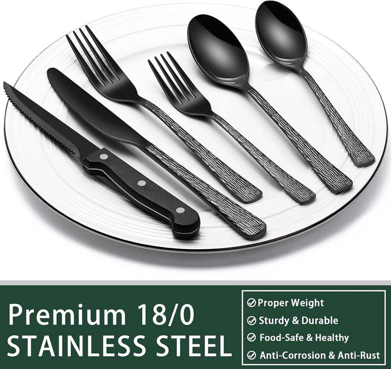 black hammered stainless steel flatware made of 18/0 steel
