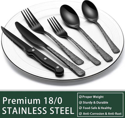 black hammered stainless steel flatware made of 18/0 steel
