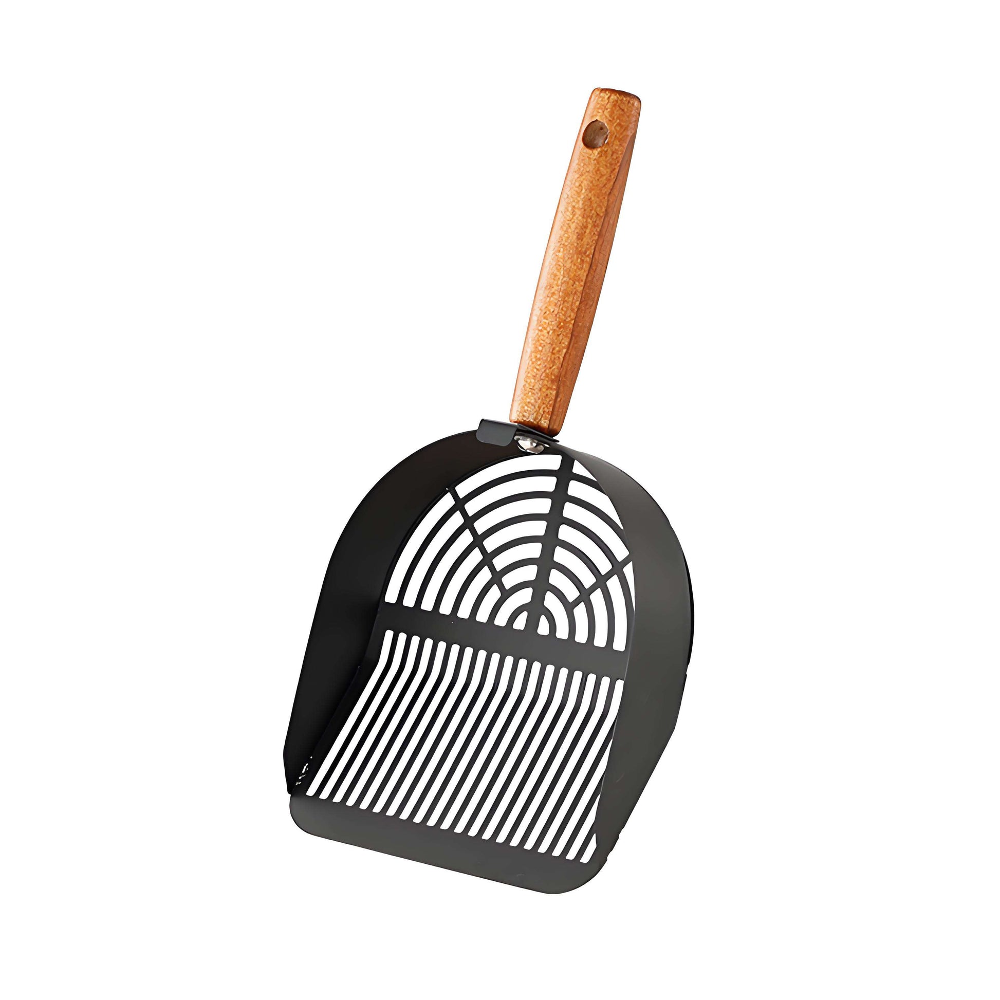 Black stainless steel cat litter scooper with wooden handle, heavy-duty sifter scoop