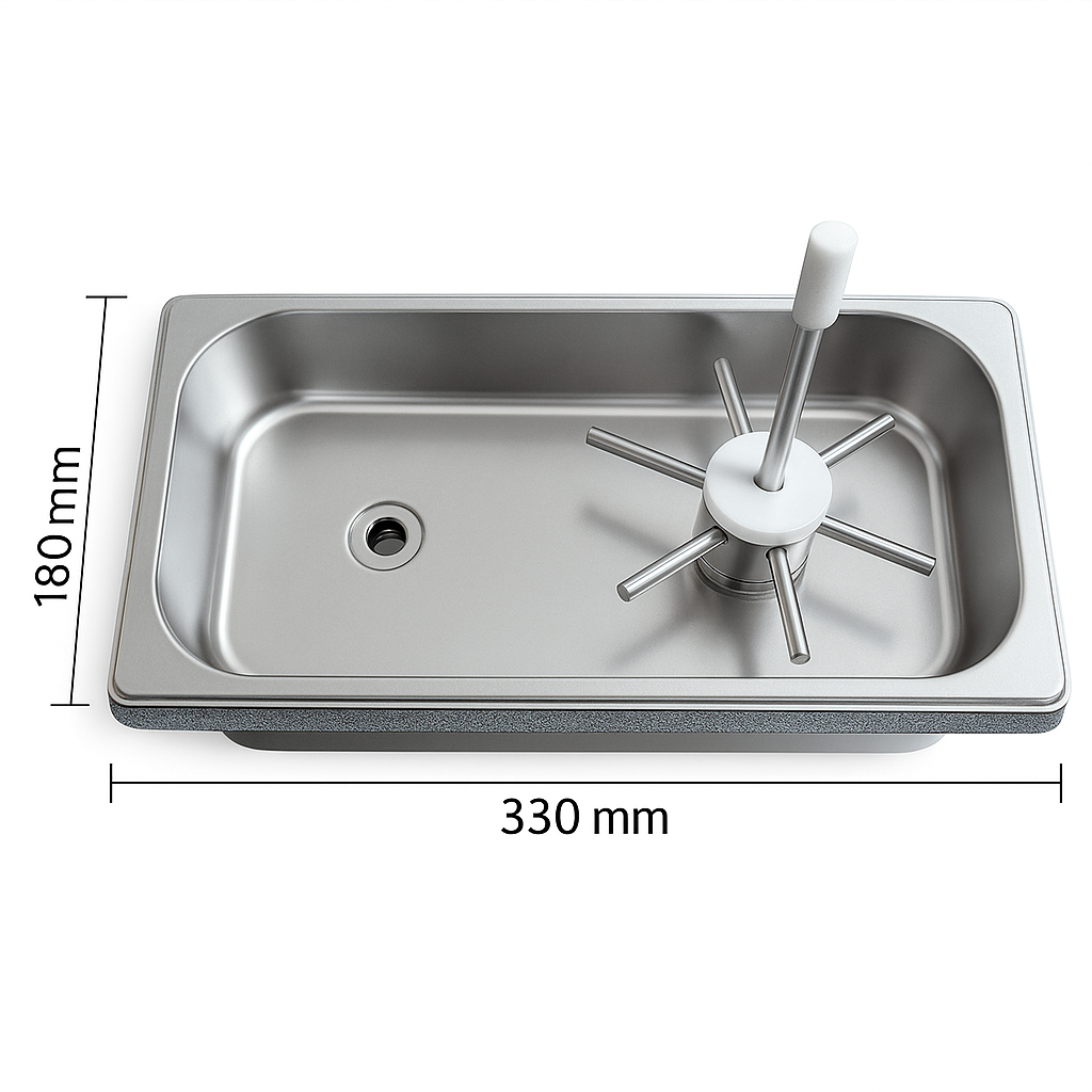 Dimensions of the portable bottle rinser station with base size 325 × 175 × 120 mm, ideal for most drink stations