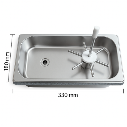 Dimensions of the portable bottle rinser station with base size 325 × 175 × 120 mm, ideal for most drink stations