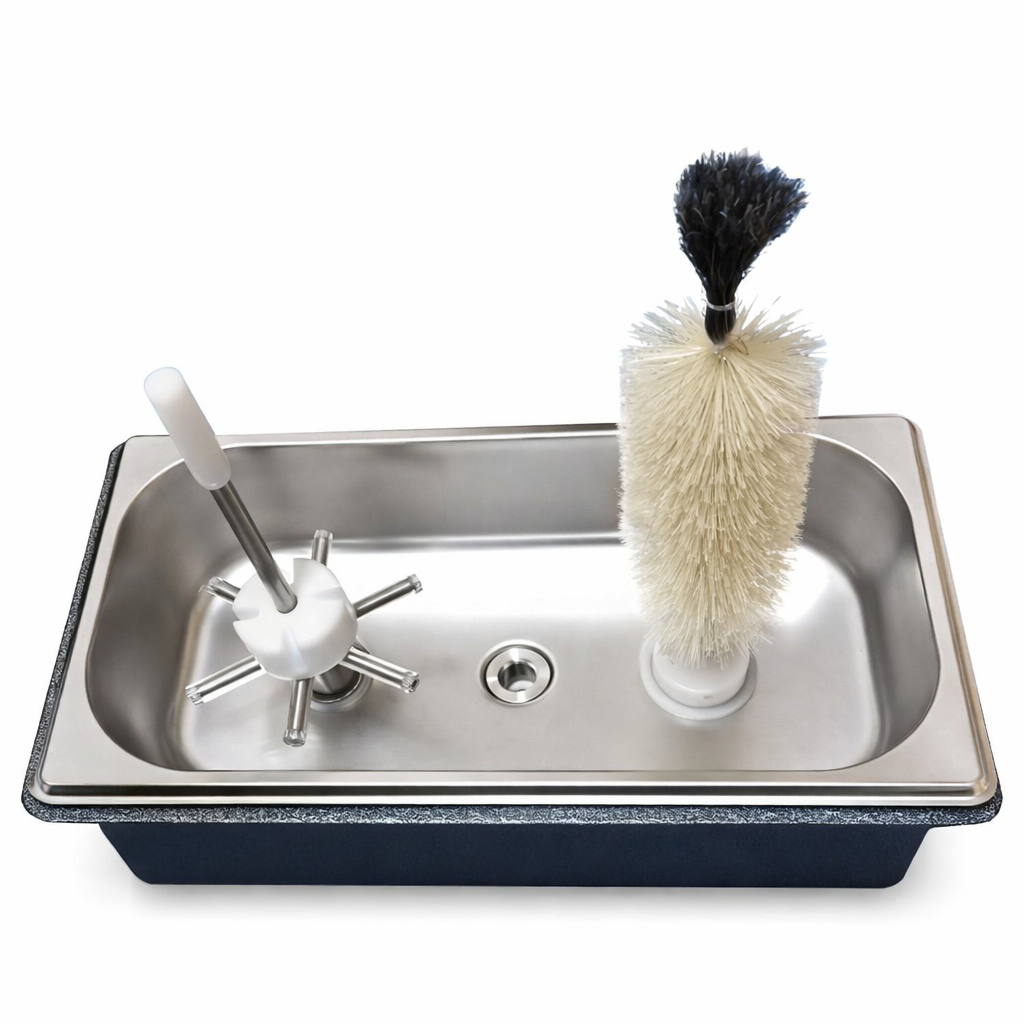 Portable bottle rinser with brush installed in a bar, offering quick and reliable bottle and glass rinsing in busy environments