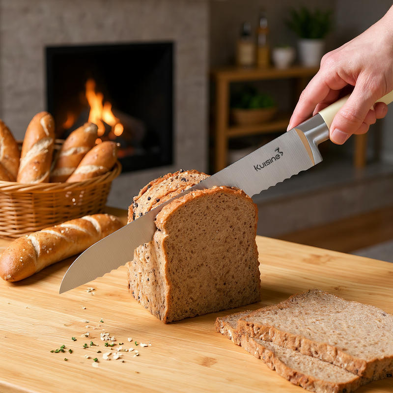 stainless steel bread knife slicing loaf on cutting board