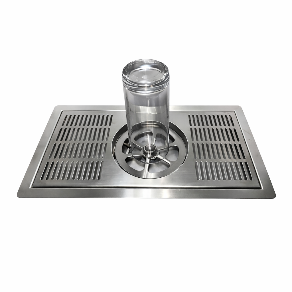 Built-in Lotus glass rinser tray with four surrounding edges, 350×190mm, made from durable 304 stainless steel for busy coffee bars and cocktail counters.