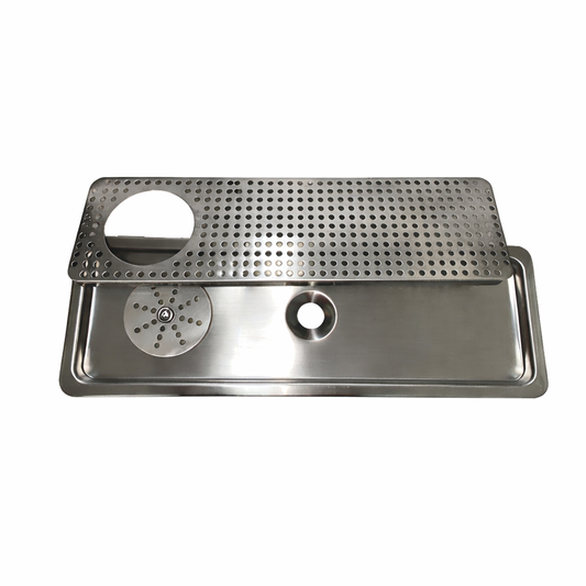 Built-in round-disc glass rinser tray made from 304 stainless steel, designed for high-traffic bars, coffee stations, and restaurants, providing ample space for rinsing multiple cups and glasses.