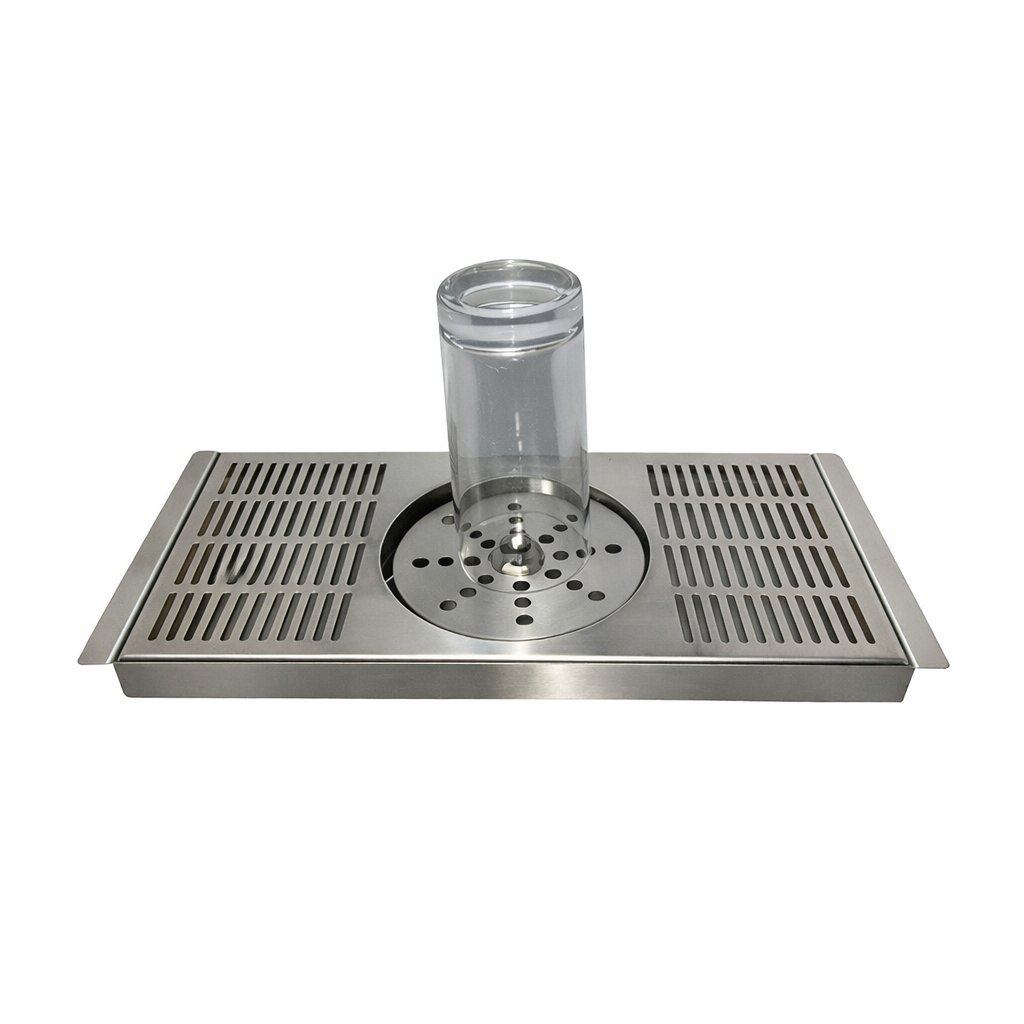 Built-in two-edge round-disc glass rinser tray made from 304 stainless steel, perfect for creating custom cup rinser stations in bars and coffee stations.
