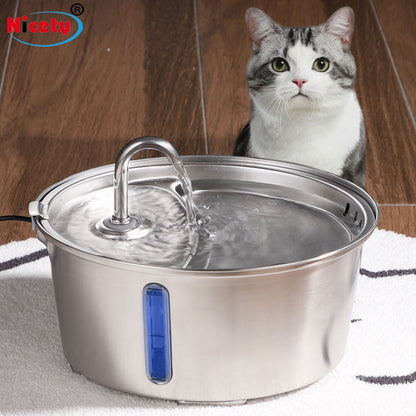 cat drinking from stainless steel automatic water fountain