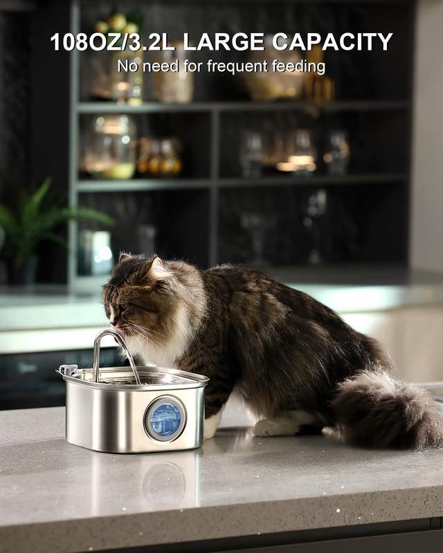 cat drinking from stainless steel automatic pet water fountain