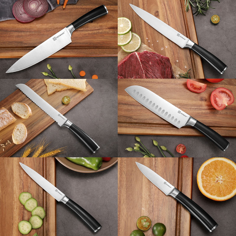 chef knife and kitchen knives used on cutting board overhead view