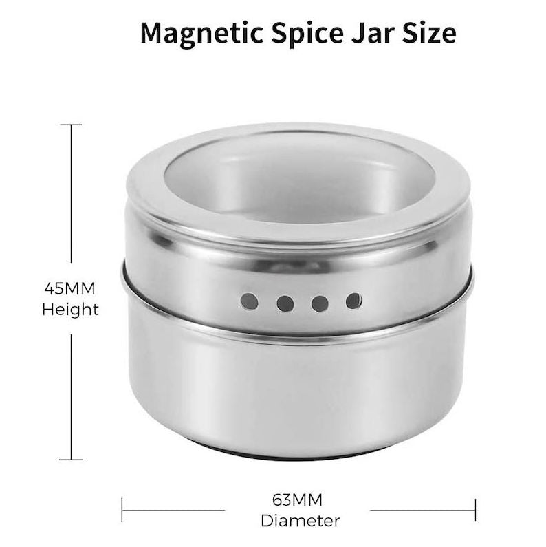 Stainless steel spice jars with clear lids and sift/pour holes for easy dispensing