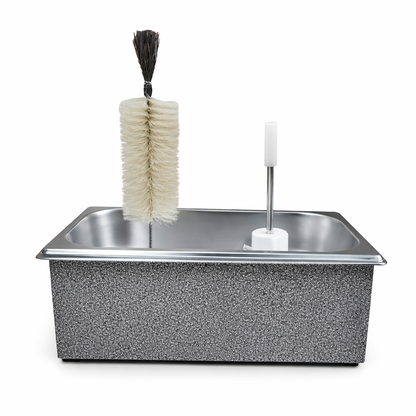 Close-up of the bottle rinser head and brush for effective cleaning of bottles and glasses, featuring no-drill installation.