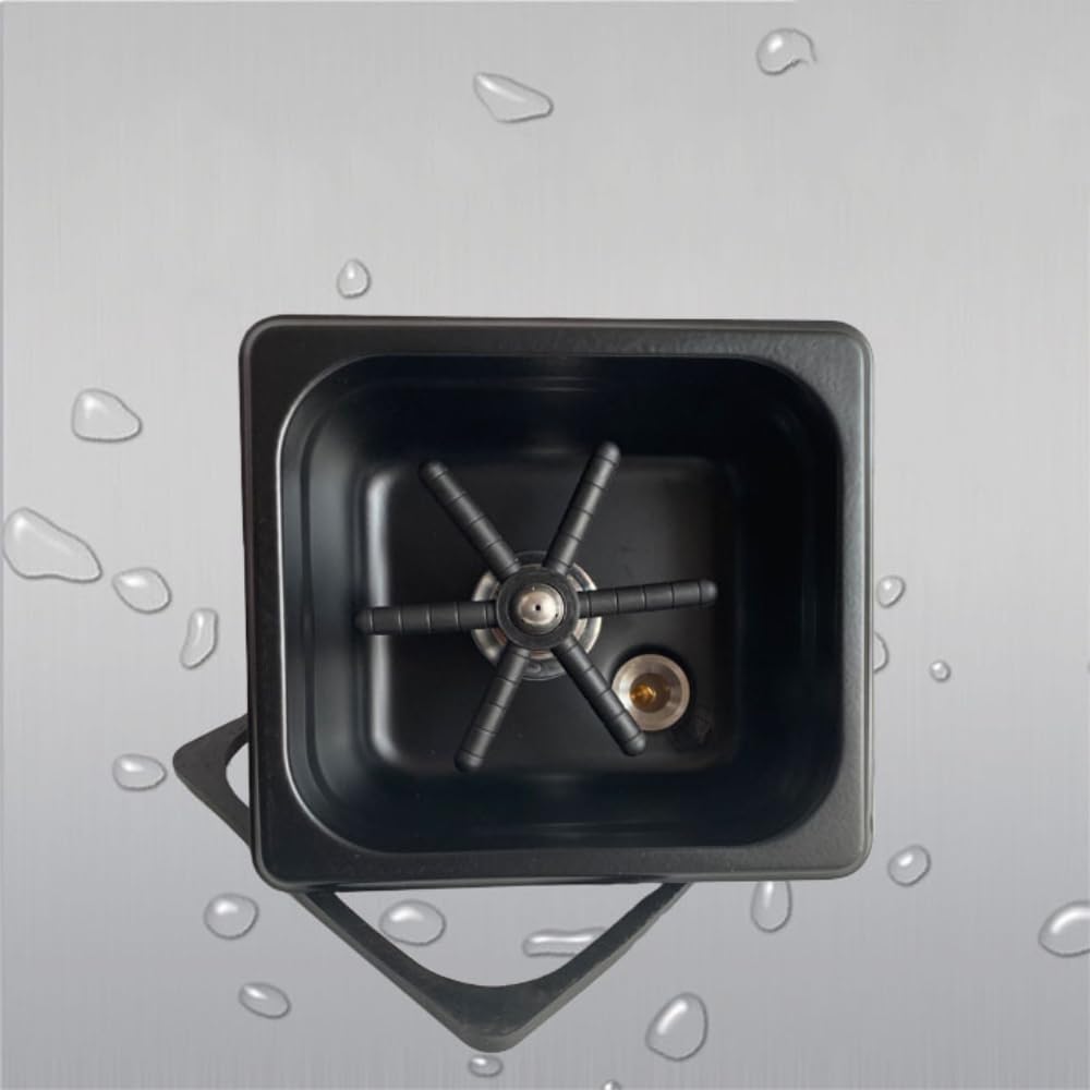 Close-up view of integrated cup rinser head on the portable matte black sink for efficient cleaning of cups and glasses.