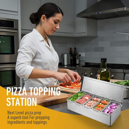 commercial stainless steel condiment bar caddy in restaurant kitchen
