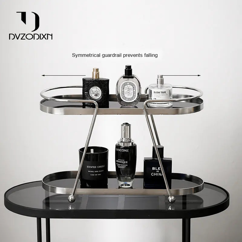 stainless steel bathroom organizer placed on countertop
