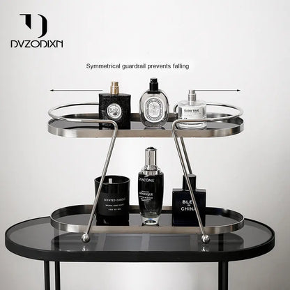 stainless steel bathroom organizer placed on countertop
