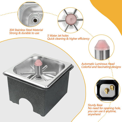 Stainless steel cup rinser installed on kitchen counter or bar station for easy use.