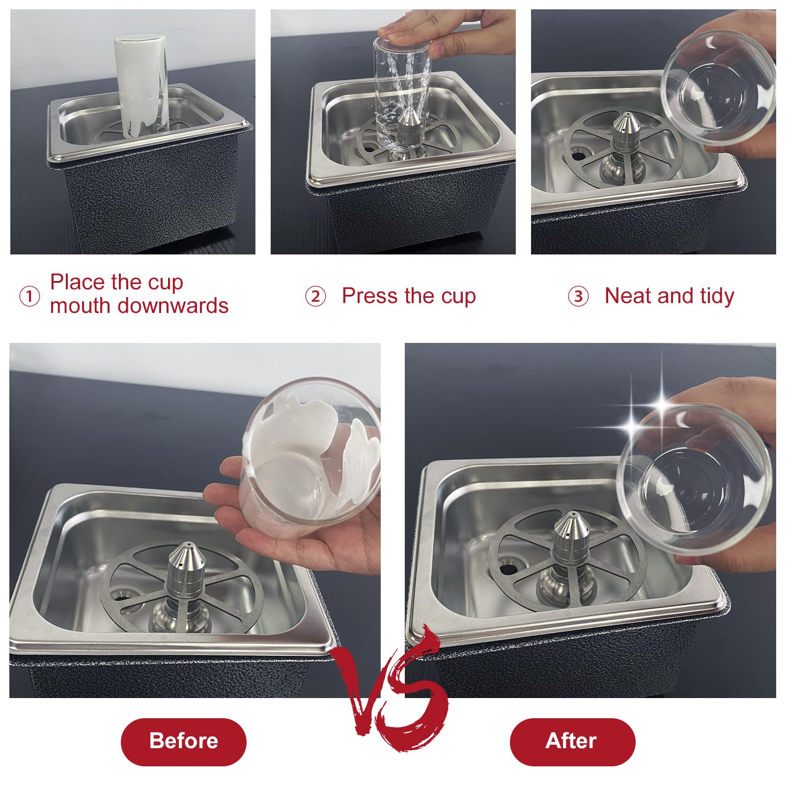 Detailed image of the portable rotary cup rinser showing installation size and G1/2" water connector for easy setup.