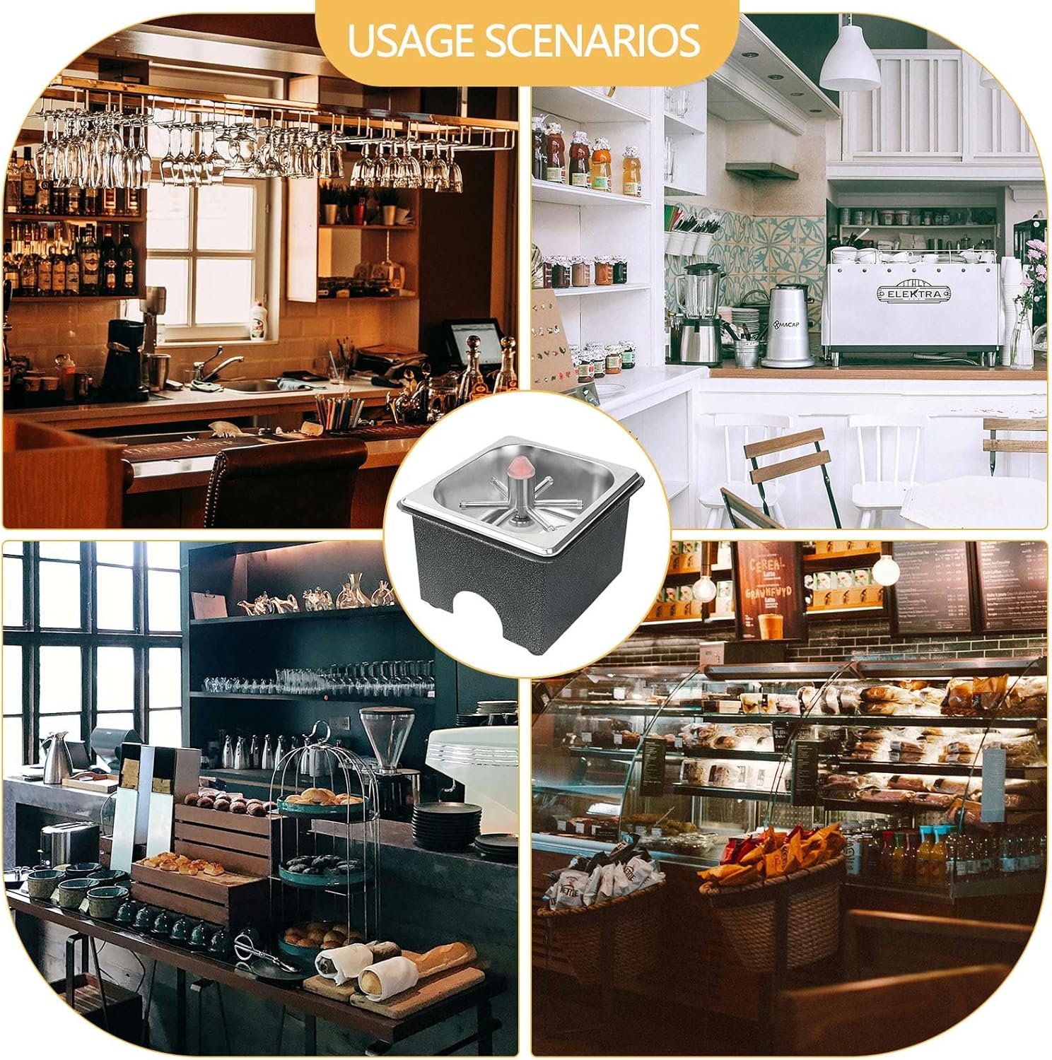 Cup rinser installed on countertop in a cafe or bar setting, offering convenient cup cleaning.