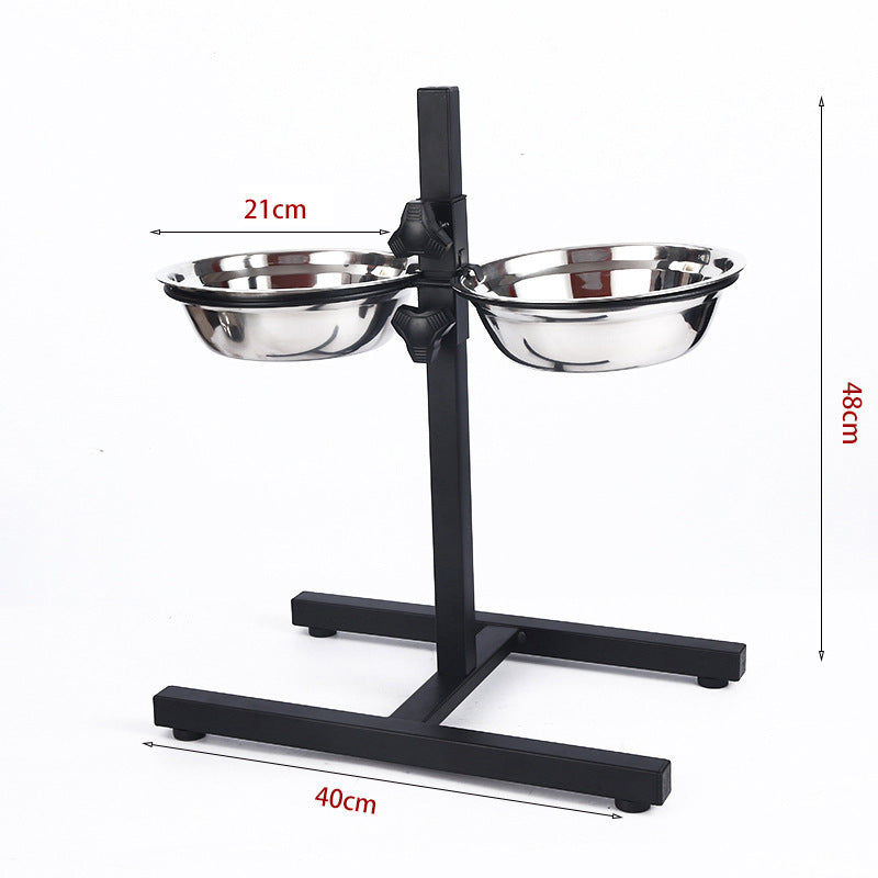 Adjustable dog food and water bowl stand placed in home for convenient feeding